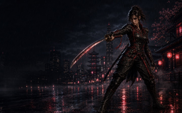 Hana Rei Mercer stands with a drawn katana in a rain-soaked Tokyo street at night