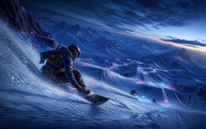 Armed snowboard racers carve through a vast braided alpine course at blue hour