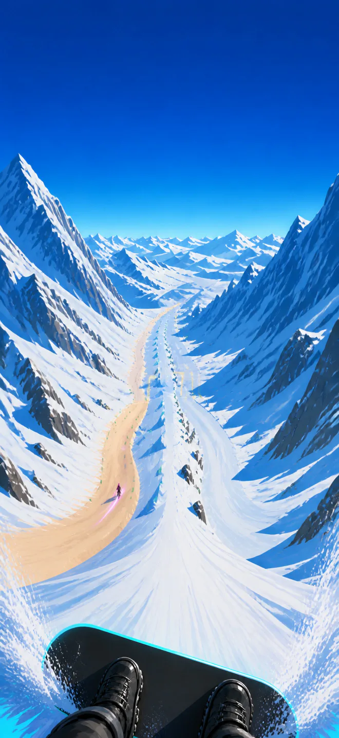 A snowboard rider drops through a vertical neon alpine corridor beneath a calm cyan clock area