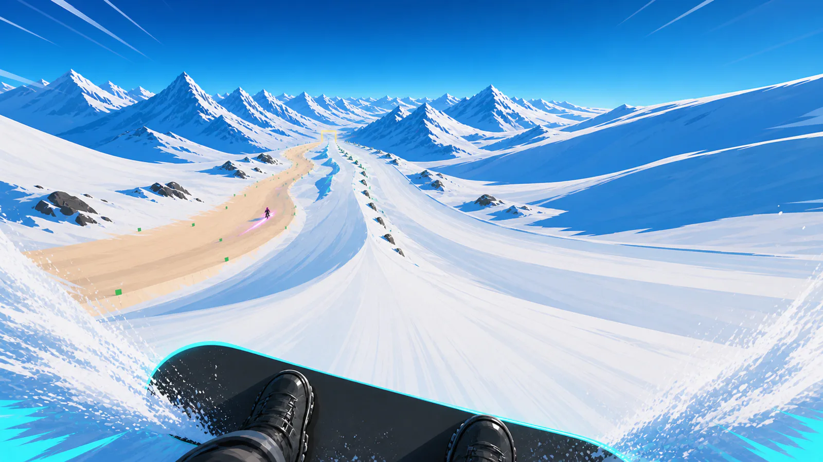 A small snowboard rider descends braided neon alpine routes toward one yellow gate beneath a cyan sky