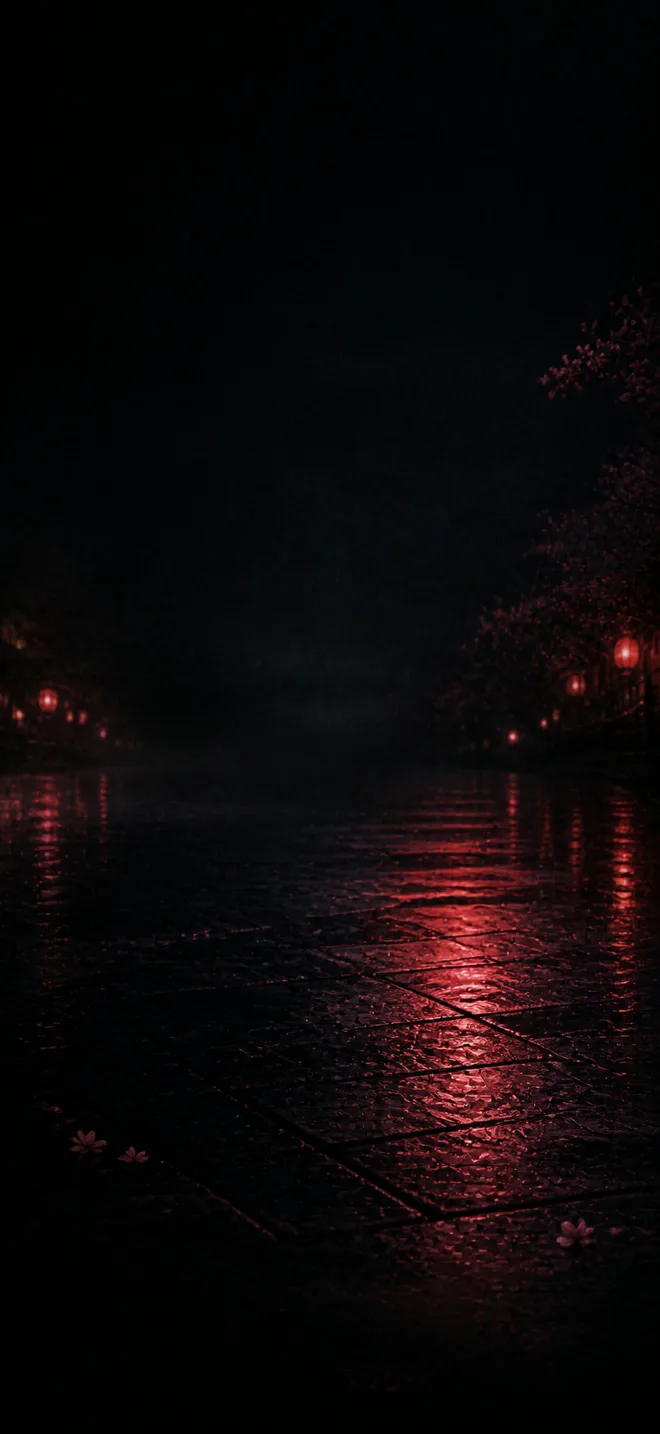 Wet slate, crimson reflections, and sparse petals form a quiet Black Lotus iPhone Home Screen