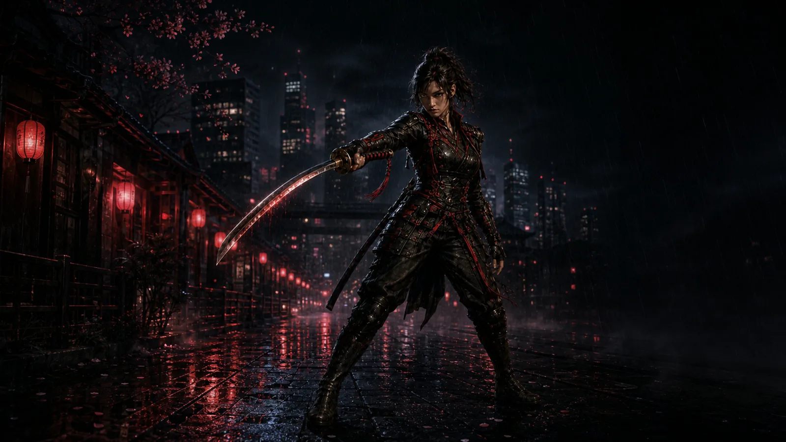 Hana stands with her katana in rain-soaked Tokyo while the upper and right edges remain dark and quiet