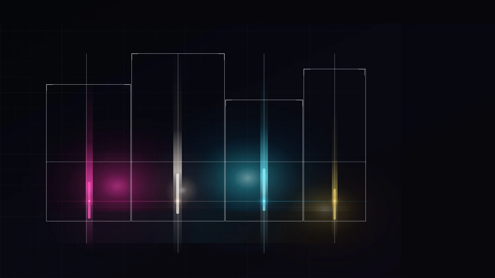 Abstract near-black grid illuminated by magenta, cyan, yellow, and warm-white light wells