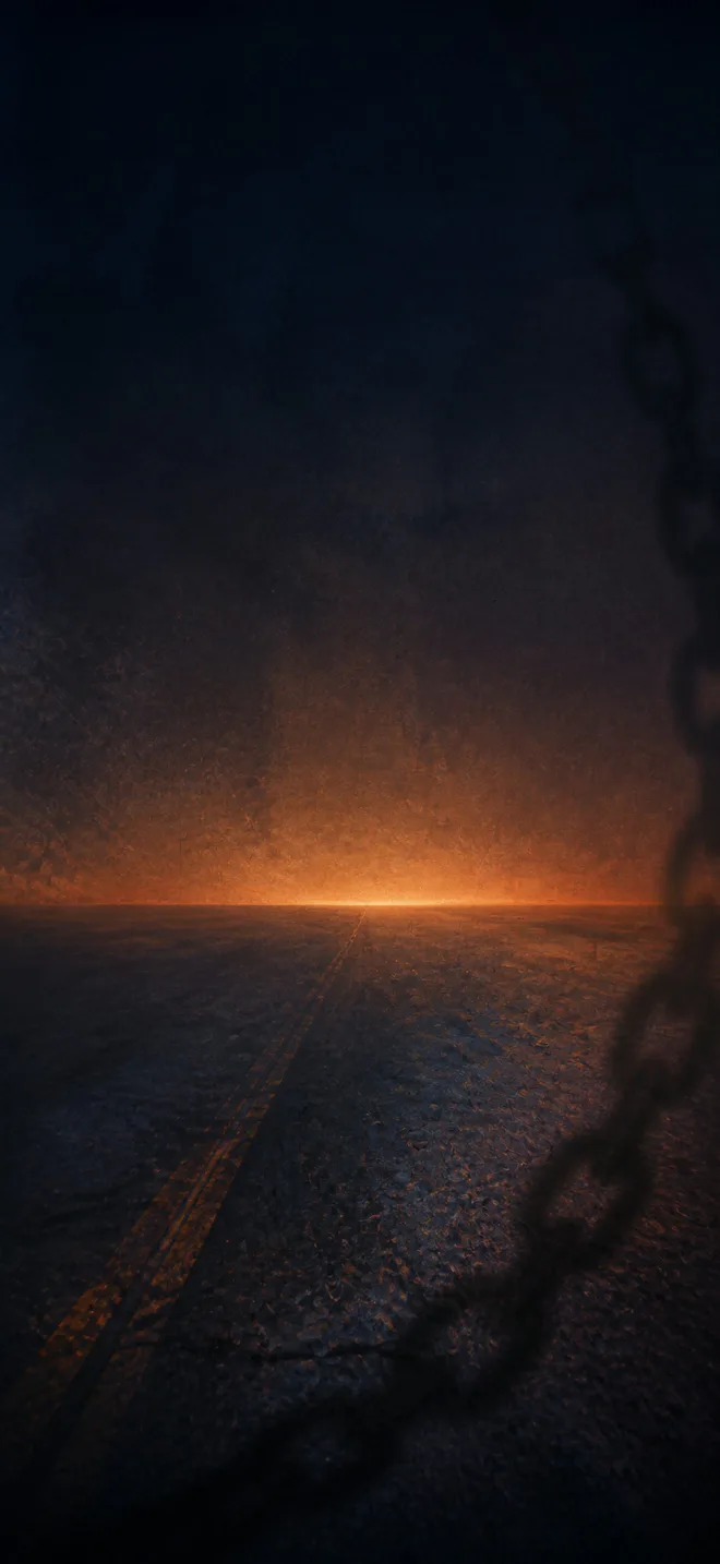 Subdued indigo asphalt with a copper chain shadow and warm sunset glow for an iPhone Home Screen
