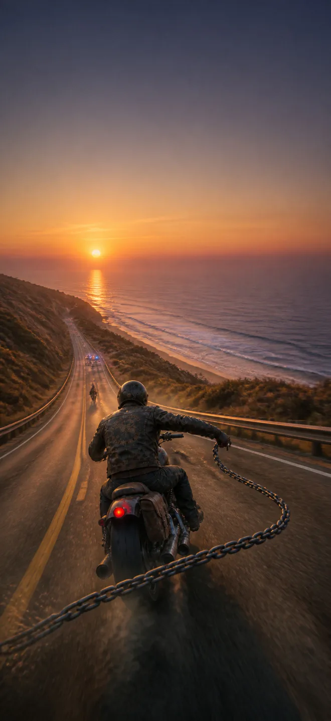 One outlaw rider races low through a vertical coastal road beneath an open sunset sky