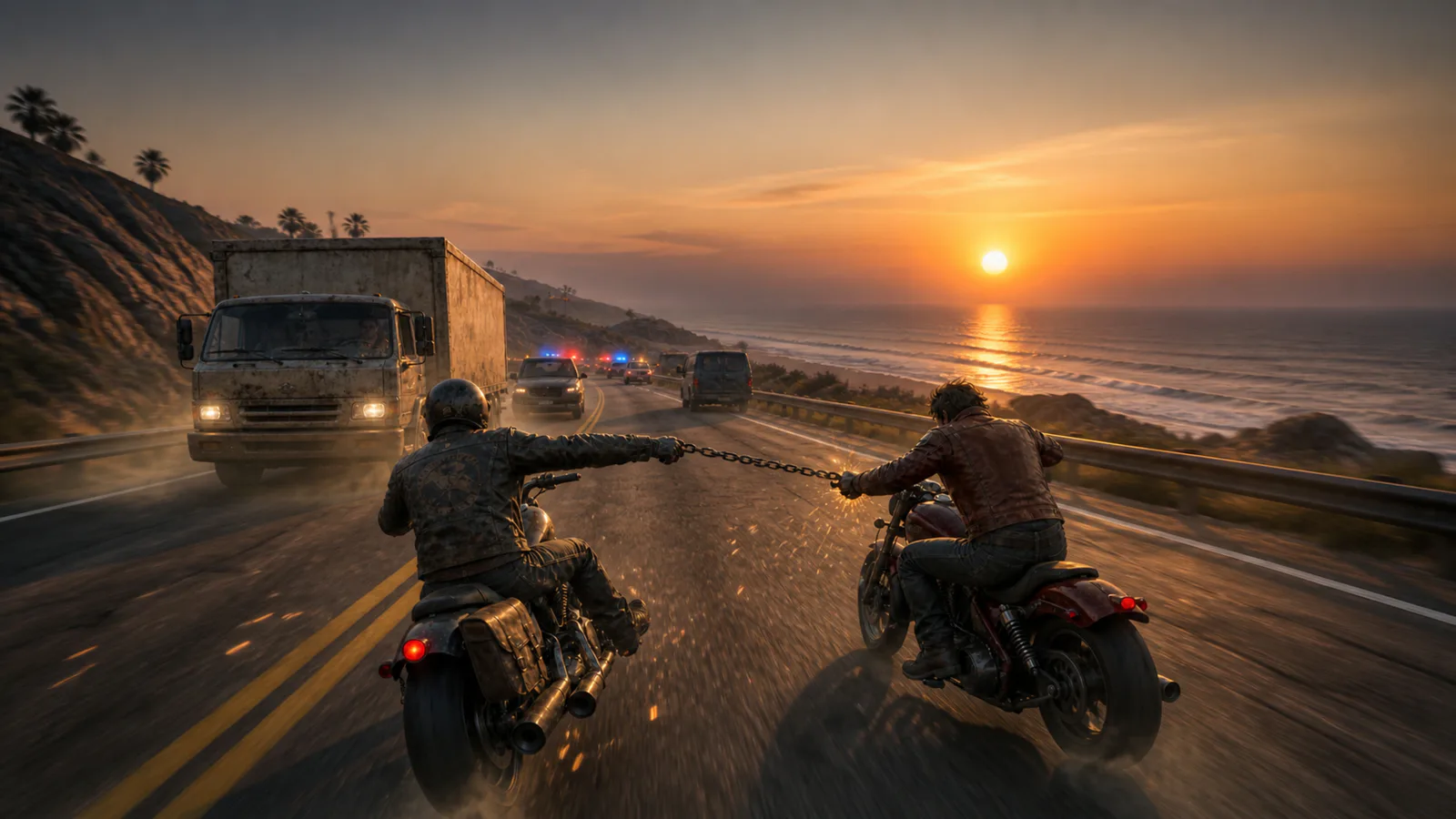 Two outlaw riders race low across a coastal highway beneath a quiet amber sunset horizon